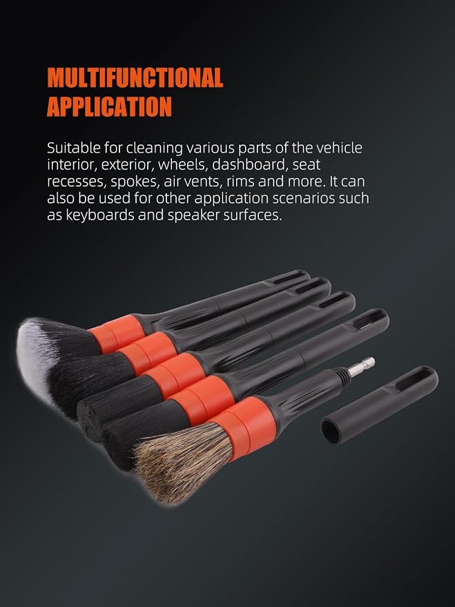 Car Drill Brush, Drill Brush Attachment SPTA 5Pcs Detachable Car Care Detailing Brush Set Soft No Scratch Boar Hair Detail Brush Car Care Detail Brush for Air Vent Automotive Interior Exterior -DF075