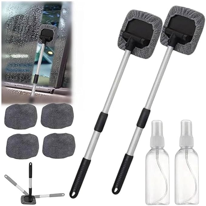 Windshield Window Cleaner Tool, Windshield Magnetic Car Window Cleaner, Magnetic Window Cleaner for Cars, Expandable Car Window Cleaner Tool with Microfiber Pads and Spray Bottles (2set)