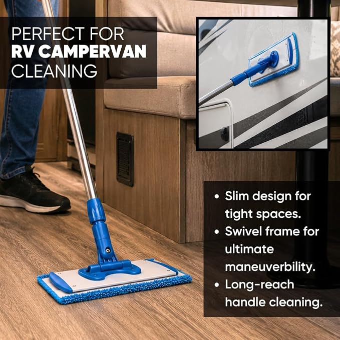 9" Mini Microfiber Mop System for Tight Spaces & Walls | Flat Floor Mop | Adjustable Stainless Steel Handle | 360° Swivel | 2 Washable Microfiber Pads | Hardwood, Tile, Vinyl