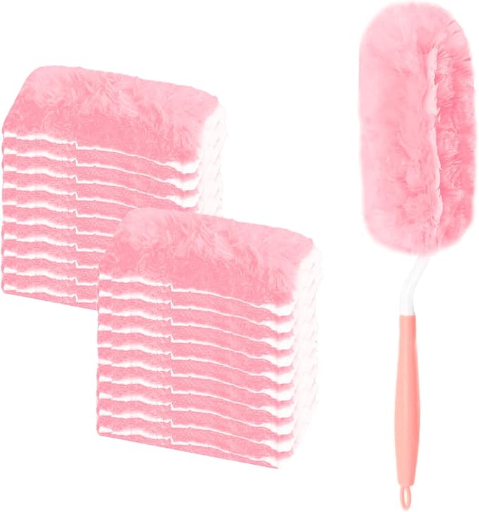 Pink Duster Refill for Swiffer Duster, 20 Count Heavy Duty Duster Refills | Kit with 1 Handle for Cleaning Dusting Furniture Blind Ceiling Fan, 360 Disposable Duster Refills Feather Duster