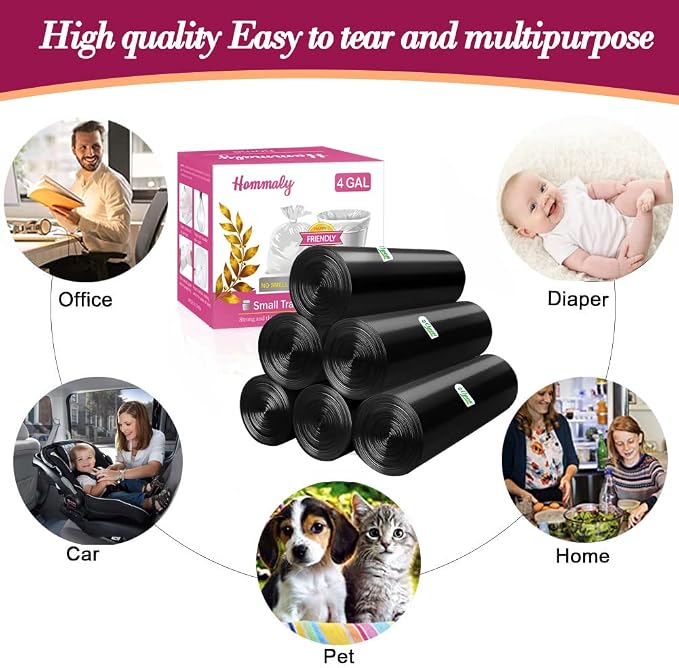 4 Gallon 180pcs Small Black Trash Bags Strong Garbage Bags,Bathroom Trash Can Bin Liners, Plastic Bags for Bedroom, Waste Basket Liner, Fit 12-15 Liter, 3.5,4,4.5 Gal(4G-Black)