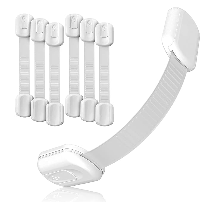 Baby Proof Me Child Safety Cabinet Locks - Baby Proofing Straps & Latches | 6 Pack Adhesive Safety Latches for Cabinets, Drawers, Fridge, Oven, Toilet & Trash Can, Strong 3M Adhesive - White