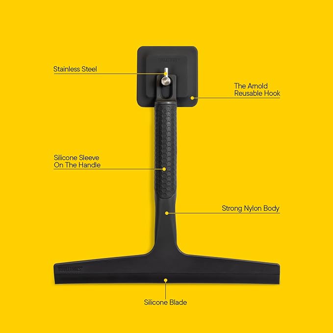 TOOLETRIES The Squeegee & Hook Glass Shower Squeegee – 10 Inch | Silicone grip shower squeegee for glass, mirrors and windows with a matching storage hook.