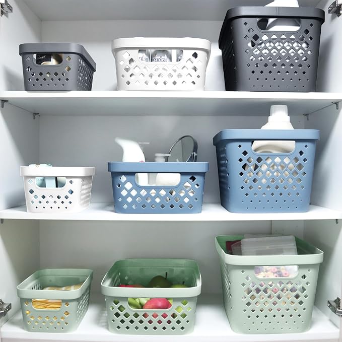 Glad Plastic Baskets for Organizing, Set of 6 | Pantry Storage for Under Counter, Linen Closet, and Bathroom | Nesting Shelf Bins with Handles, 1 Gallon, Sage