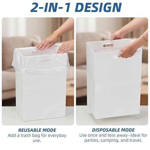 WIFTREY 13 Gallon Disposable Trash Cans for Parties 5 Pack, White | 13.5"L x 10.0"W x 21.7"H, Collapsible Waterproof Cardboard Bins with Handles, Reusable or Single-Use for Camping, Kitchen