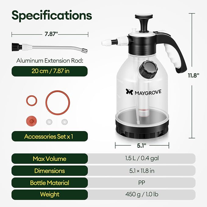 MAYGROVE 50oz Pump Sprayer, Hand Water Spray Bottle | Clear Plant Sprayer with Side Filling Port, Measuring Cup, Adjustable Nozzles, Safe Pressure Relief Valve for Indoor Plant