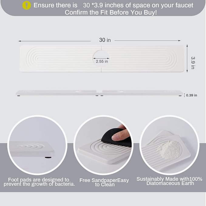 30 Inch Stone Faucet Mat for Kitchen Sink quick dry around faucet | Sink Splash Guard Water Absorbing Stone Tray for Sink, Counter Protector Matt for Kitchen & Bathroom