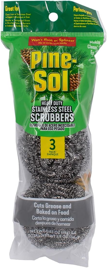 Pine-Sol Heavy-Duty Stainless Steel Scrubbers | Won’t Rust or Splinter | Scrub Sponges for Cast Iron, Oven Racks, Grills, 3 Pack