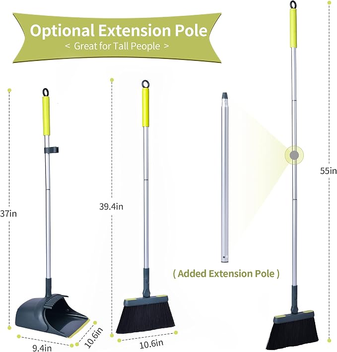 Broom and Dustpan Set for Home with 54" Long Handle, Upright and Lightweight Dust pan and Brush Combo for Kitchen Room Office Lobby Floor Cleaning, Dark Green