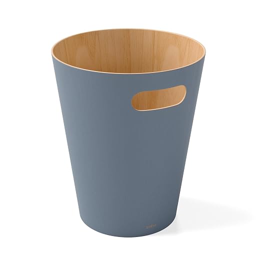 Umbra Woodrow Trash Can, Wooden Wastebasket, 2 Gallon, Slate Blue | Beech wood construction, integrated carry handles, two-tone design, durable build, fits small spaces, bathroom or office