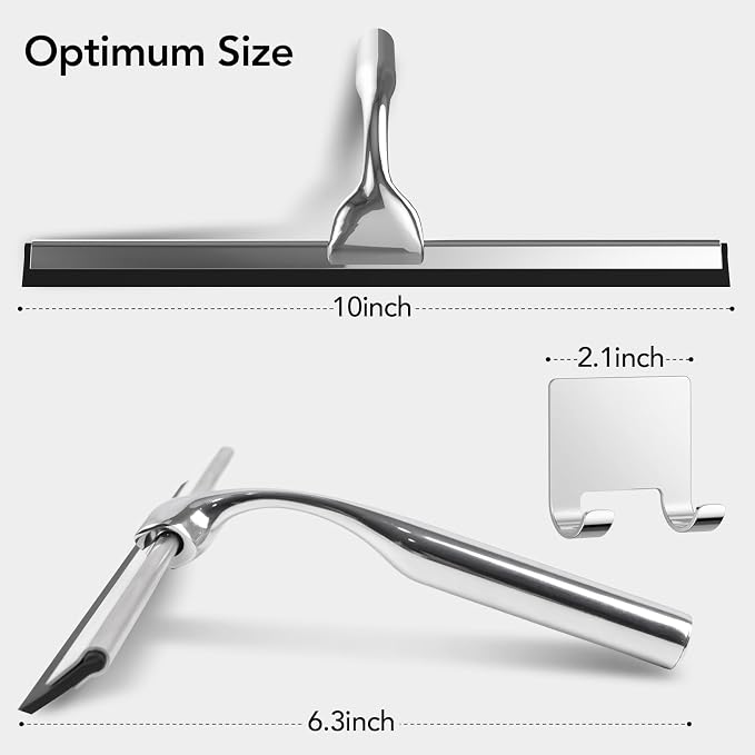 Shower Squeegee for Glass Doors, 10 Inch Stainless Steel Bathroom Squeegee with Hooks, Streak-Free Cleaner for Shower Doors, Windows, Mirrors, Tile Walls & Car Windshield