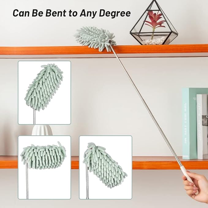 Green Retractable Microfiber Duster for Cleaning Extendable Washable Hand Duster Feather Duster Cleaning Tool for Cleaning Office, Car, Window, Computer, Air Condition