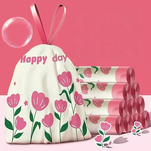 4 Gallon Trash Bags 200pcs Drawstring Tearing-free for Bathroom Office Home Bedroom Trash Can with Pink Floral Printed Garbage Basket Bags (4Gallon 200pcs)