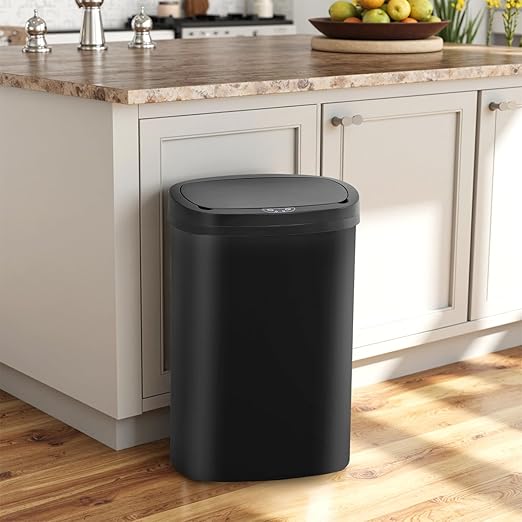 BestOffice | 13 Gallon Plastic Trash Can with Lid | Dark Black | Automatic Touchless Garbage Can | Odor Control | Modern Oval Design | Easy to Clean | For Kitchen, Bathroom, Office or Home