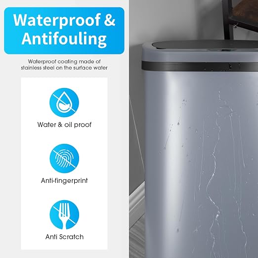 BestOffice Broken-Resistant Plastic Trash Can with Touch Free Lid - High-Capacity 49L (13 Gallon) Garbage Can for Bedroom, Bathroom, Home Office, Kitchen (1, Gray)