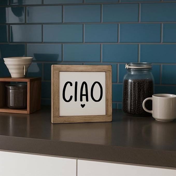 Italian Hello Wooden Box Sign, Ciao Wood Plaque Decor, Welcome Sign for Entrance, Rustic Wooden Table Top Decor, Freestanding Welcome Decorative Signs 5.9x5.9 Inches