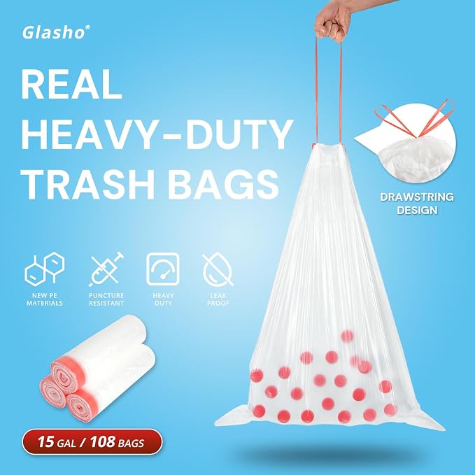 15 Gallon Drawstring Trash Bags, 108 Count, Clear, Unscented | Ultra Thick, Strong Plastic, 3 Rolls, Extra Wide, Garbage Bags for Tall Kitchen Office Lawn Yard