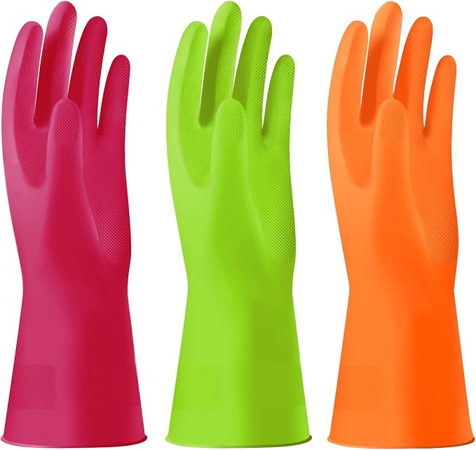 Alimat PluS Dishwashing Gloves Latex Free, Without Liner, 3 Pairs, Medium | Reusable Rubber Gloves with Non Slip Embossed Texture, Waterproof Nitrile Cleaning Gloves for Laundry, Gardening