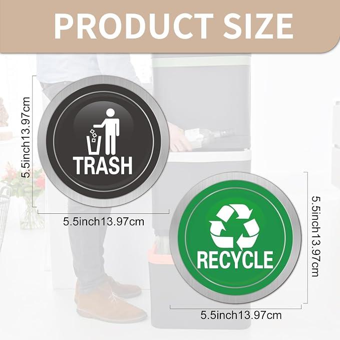 Recycle and Trash Magnets for Kitchen Cans and Recycling Bins | Silver Brushed Trash and Recycle Magnet Combo for Garbage Can Logo Symbol,Outdoor Waste Bin,5.5 Inch (Round)
