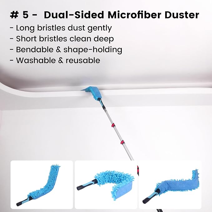 Ceiling Fan Duster Kit with 12 FT Telescoping Pole – 6-Piece Set – Screw-On Cobweb Duster & Squeegee Heads – Washable Bendable – 3/4" Universal Fit – House Cleaning Kit, Blue
