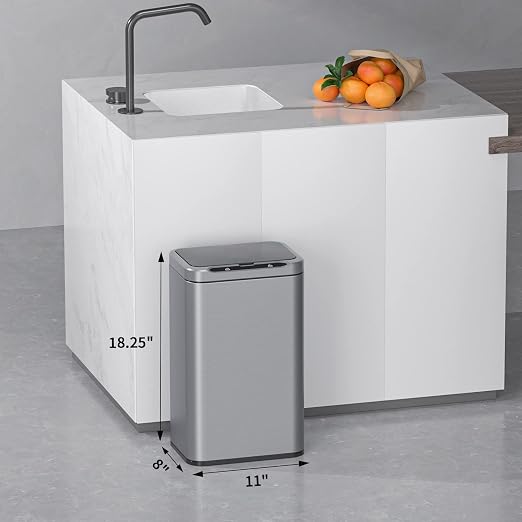 ELPHECO Stainless Steel Office Trash Can 6.6 Gallon Motion Sensor Garbage Bin Rectangular Automatic Touch Free Waste Bin for Hotel and Living Room | Automatic Garbage Bin Rectangular Touch Free Waste Bin for Hotel and Living Room, 2AA
