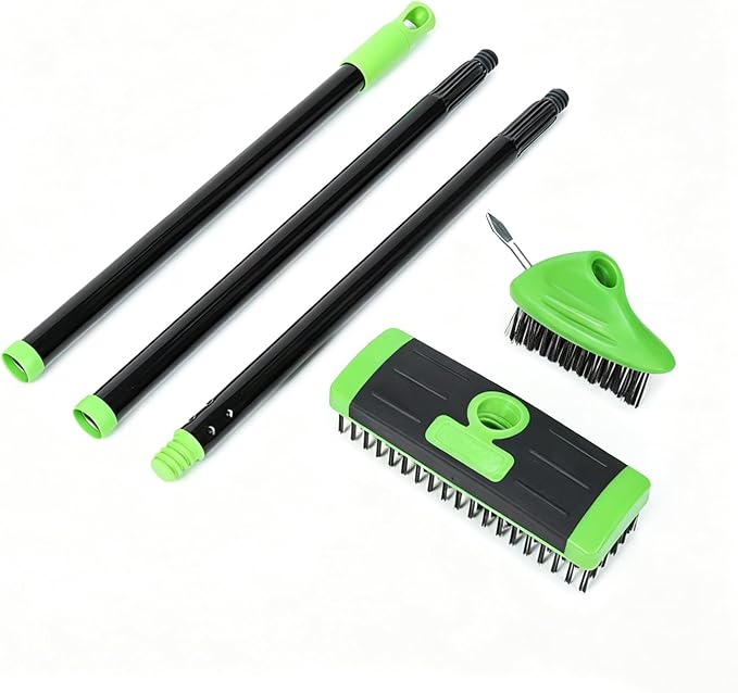 SakerPlus 3-in-1 Versatile Weed Brush Combo Set with Long Handle (1pack) | Crack Weeder Brush, Wire Floor Scrubber, Triangular Brush, Scraper, Steel Wire Bristles for Patio, Driveway, Deck