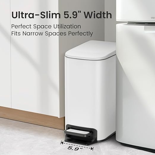 Cesun Small Bathroom Trash Can with Lid, 1.6 Gal, Soft Close, White | Step pedal soft close, Slim 5.9in fits narrow spaces, Stainless steel, Anti-fingerprint, Removable inner bucket, Odor seal