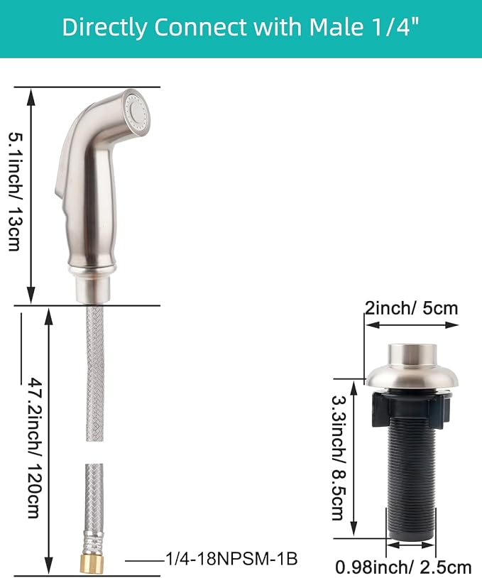 Universal Kitchen Sink Spray Head/Hose/Holder Set, Brushed Nickel | NSF/ANSI/CAN 372 Certified, Quick Side Connector Compatible with Moen Faucet Sprayer Head, Kitchen Sink Faucet Attachment