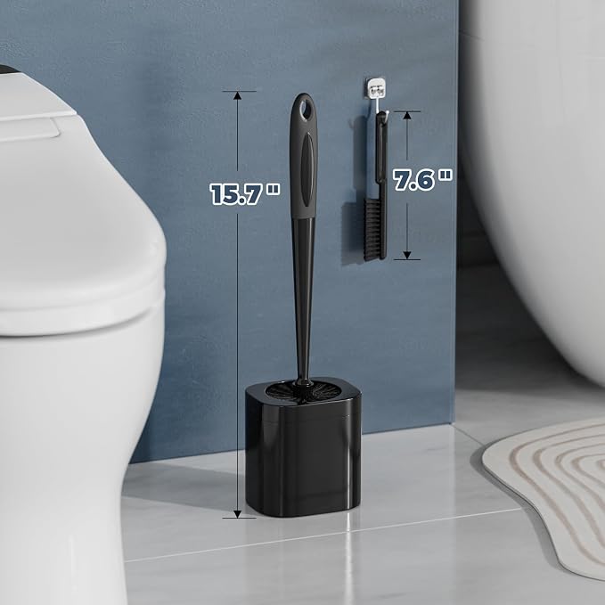 Holaloha Toilet Brush and Holder Set, Space Saving, 4 Pack, Black | Bathroom Accessories, Ergonomic Silicone Handle, Dense Bristles, Deep Cleaning, with 4 Crevice Brushes, Compact Design