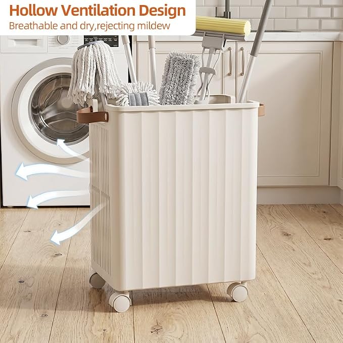Large Capacity Mop Holder with Wheels, Rolling Broom Storage Organizer On Casters, Heavy Duty Utility Cart for Laundry Room Garage Kitchen Basement, Space Saving Mobile Rack for Cleaning Supplies