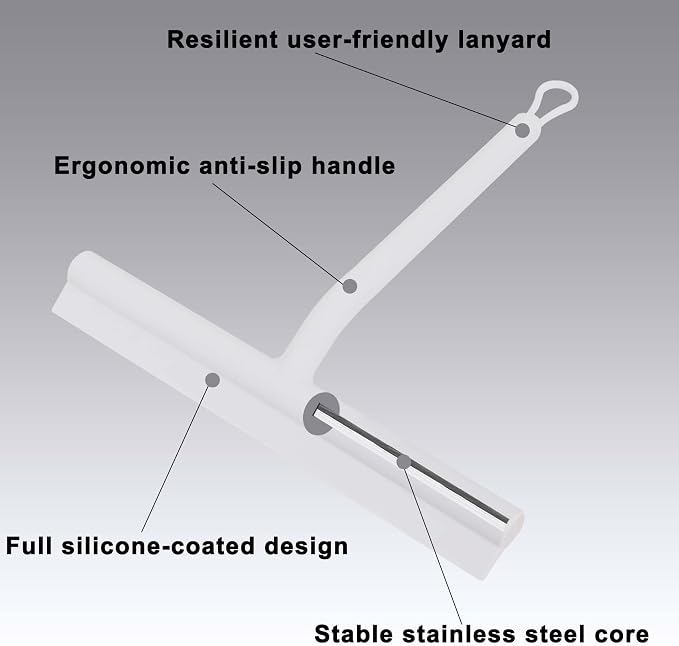 Squeegee for Shower Glass Doors, Resilient Loop - No-Drill & Adhesive Hook, Silicone Shower Squeegee with Stainless Steel Core, Cleaning Tool for Home, Kitchen, Bathroom & Car - White