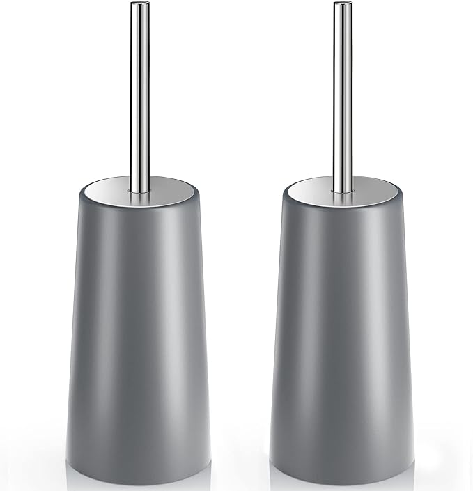 Toilet Brush and Holder, 2 Pack Toilet Brush with 304 Stainless Steel Long Handle, Toilet Bowl Brush for Bathroom Toilet-Ergonomic, Elegant,Durable (Grey)