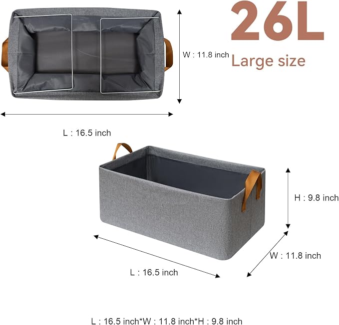 SNWDN 6 Pack Closet Cloth Storage Bins with Handles（Grey 16.5''L x 11.8''W x 9.8''H）