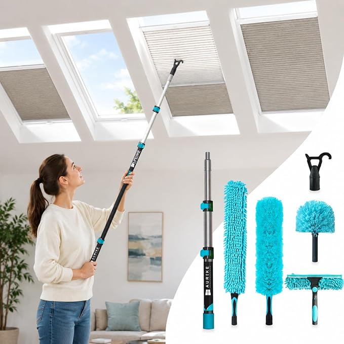 High Ceiling Duster Kit with 3-7.5T Heavy Duty Extension Pole, Reaches Up to 25FT, Includes Microfiber Feather Duster, Cobweb and Ceiling Fan Duster, Window Squeegee Cleaner & Skylight Hook (7FT)