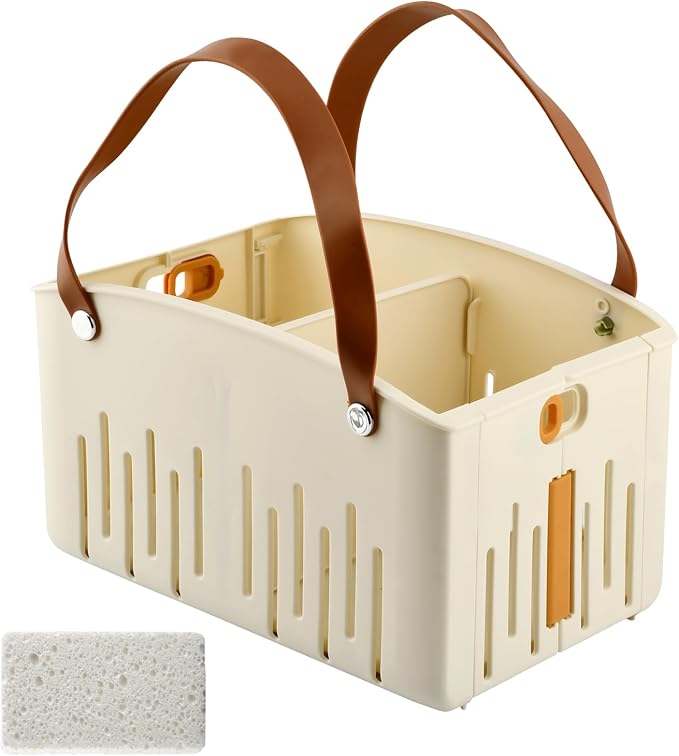 Portable Shower Caddy with Cleaning Sponge, Foldable Shower Storage Basket with Handle and Adjustable Divider, Quick Dry Bathroom Organizer Bin for Bathroom,Dorm,College,Camp,Travel(COLOR:Cream)