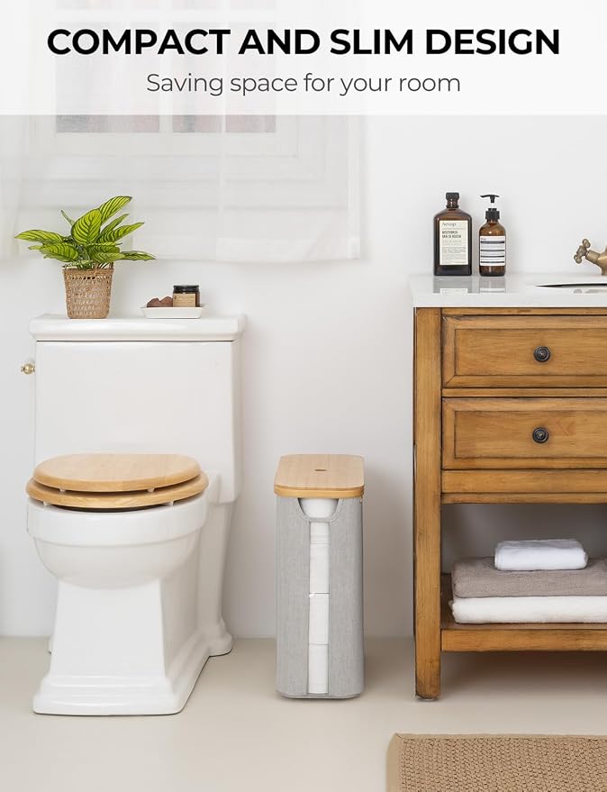 StorageWorks Toilet Paper Storage Basket with Bamboo Lid & Window | See Rolls at a Glance with Clear Window, Holds 16 Regular or 12 Mega Rolls for Bathroom Toilet Paper Storage, Grey