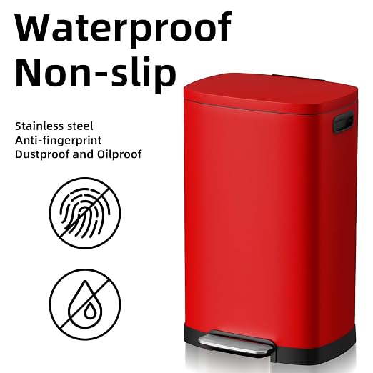 KdbK 13 Gallon Trash Can with Lid, 50L Fingerprint Proof Stainless Steel Kitchen Trash Can with Removable Inner Bucket and Lid Soft Close, Pedal Rubbish Bin for Home Office, Red