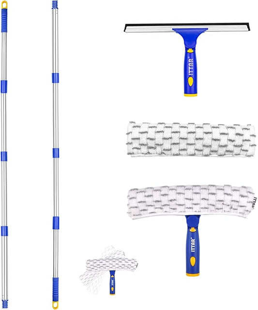 Window Squeegee with 2 Sets Stainless Steel Pole, Squeegee Cleaning Tools with Microfiber Pads, 60"-72" Telescopic Window Washing Kit, Professional Squeegee Cleaner for Home Car Outside Glass