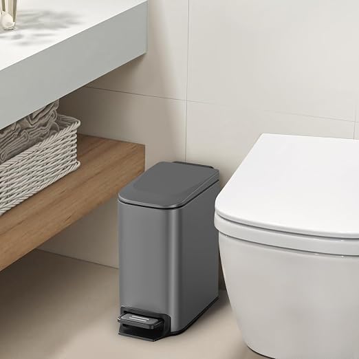 Cesun Small Bathroom Trash Can with Lid, 1.6 Gal, Soft Close, Gray | Step pedal soft close, Slim 5.9in fits narrow spaces, Stainless steel, Anti-fingerprint, Removable inner bucket, Odor seal
