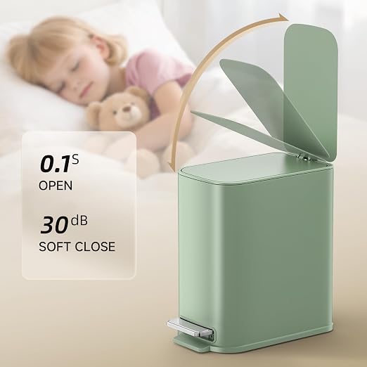 TIPGO Small Bathroom Trash Can with Lid Soft Close,1.3 Gallon, Green | Step Pedal, Removable Inner Bucket, 5 Liter Slim Stainless Steel Garbage Can for Bedroom, Office, Kitchen