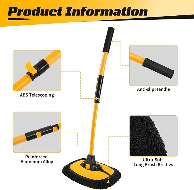 Ordenado 15° Curved Car Wash Brush with Long Handle, Car Wash Mop Kit | 43" Microfiber Scratch-Free Car Cleaning Supply with Replaceable Head, Chenille Mitt, Drying Towel, Wheel Brush for RV Truck