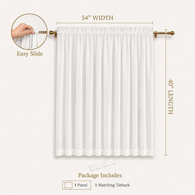 Aquazolax Glass Door Curtain Panel Elegant Soild Rod Pocket Sheer Voile Panels 54x40-Inch for French Doors Windows with Tieback - 1 Panel, White