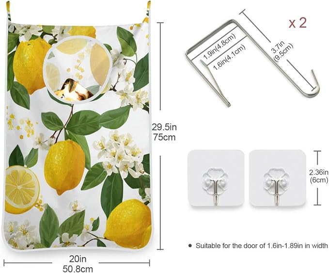 Lemon Branch Flower Hanging Laundry Hamper Door Hampers Bag Basket with Stainless Steel Hooks Oxford Fabric Printing Decorative Clothes Bags 29.5X20inch 2Pack
