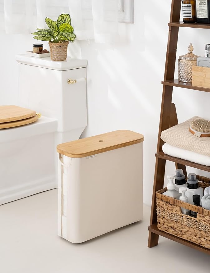 StorageWorks Toilet Paper Storage Basket with Bamboo Lid & Window | See Rolls at a Glance with Clear Window, Holds 16 Regular or 12 Mega Rolls for Bathroom Toilet Paper Storage, Beige