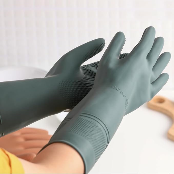 Myungjin 2 Pairs Reusable Rubber Gloves, Waterproof, Non-Slip Honeycomb Grip, Wide Sleeve Fit, for Dishwashing