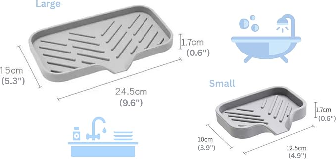 Silicone Soap Tray, Soap Dish with Drain Spout, Bathroom and Kitchen Sink Counter Organizer, Sponge Holder, Perfect for Dispenser, Scrubber, Bottle, Cup on Sink or Counter - Large and Small Set