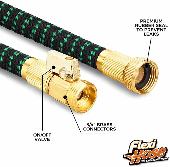 Flexi Hose with 8 Function Nozzle, 75FT - Lightweight Expandable Garden Hose, No-Kink Flexibility, 3/4 Inch Solid Brass Fittings and Double Latex Core - Black and Green