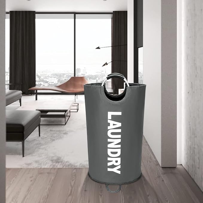 Maxsilan 90L Large Laundry Basket Bag, Collapsible Tall Hamper, Dark Grey | Freestanding tall laundry bag & foldable washing basket. Large capacity clothes storage bin with durable sturdy handles