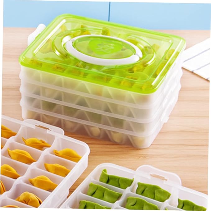 Portable Dumpling Storage Box Four Layers 18 Slots PP Organizer | Stackable Trays with Two Buckles Each, Handle for Carrying, Green Simple Design for Camping and Housekeeping