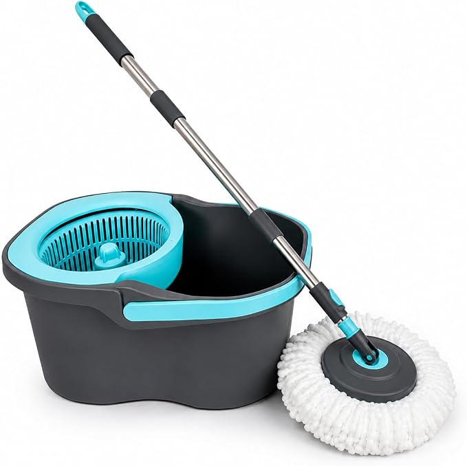 Lambert Home Spin Mop and Bucket Set with Wringer, Hands-Free Self-Wringing Floor Mop, 2 Washable Microfiber Mop Heads, 42.1-50 in Adjustable Stainless Steel Handle, Gray Blue